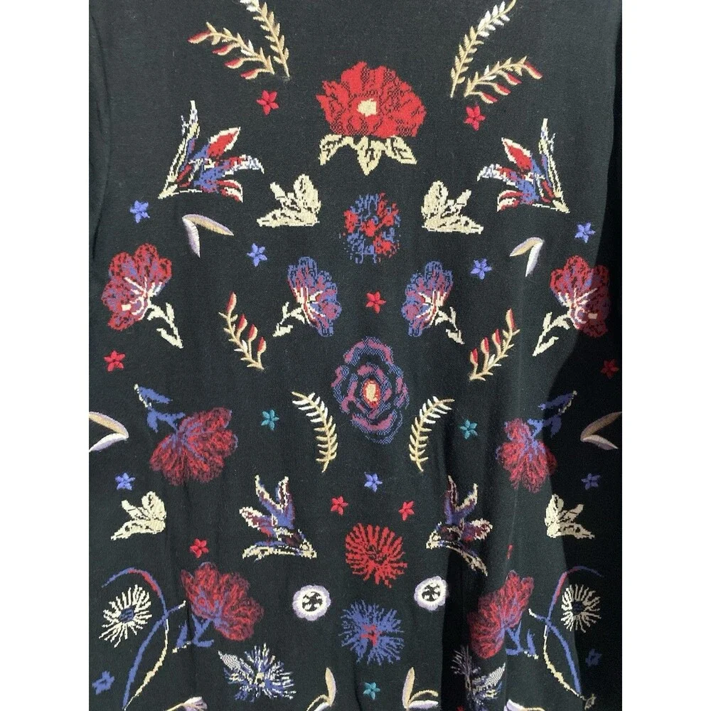 J Jill Sweater Large Black Red Embroidered‎ Floral Boho Cottagecore Feminine